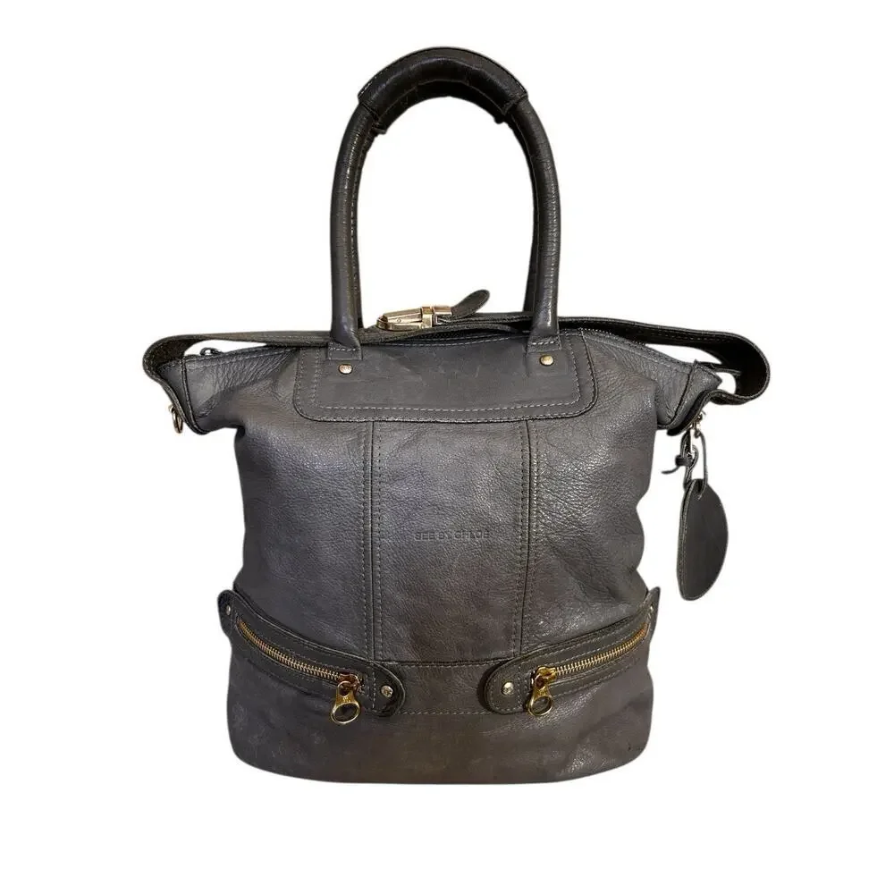 See By CHOLE Gray Leather Satchel Shoulder Handbag With Zips And Gold Hardware